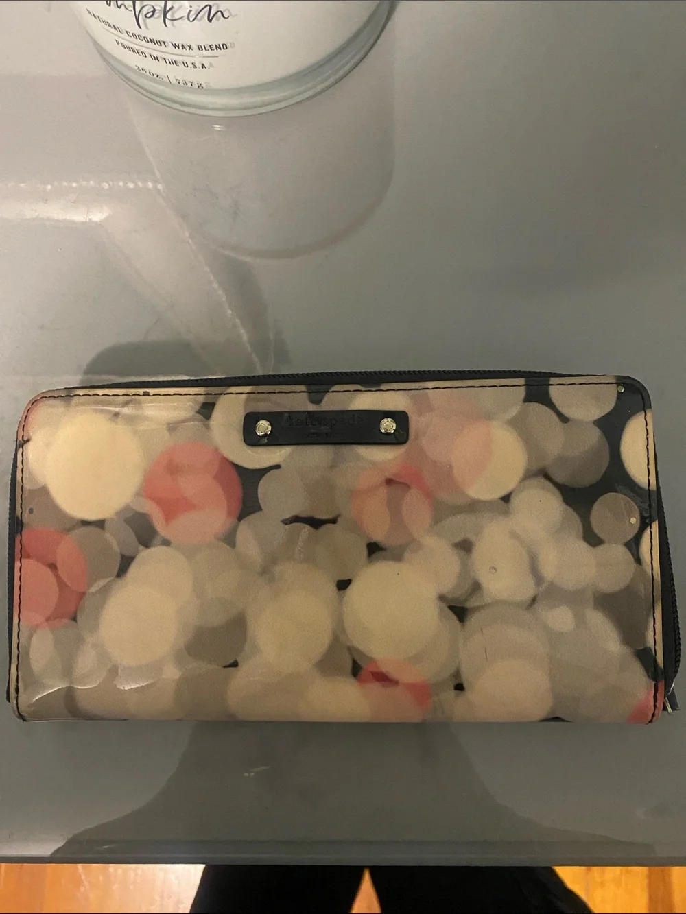 kate spade Black Zip Wallet with Cream and Pink Bokeh Dots